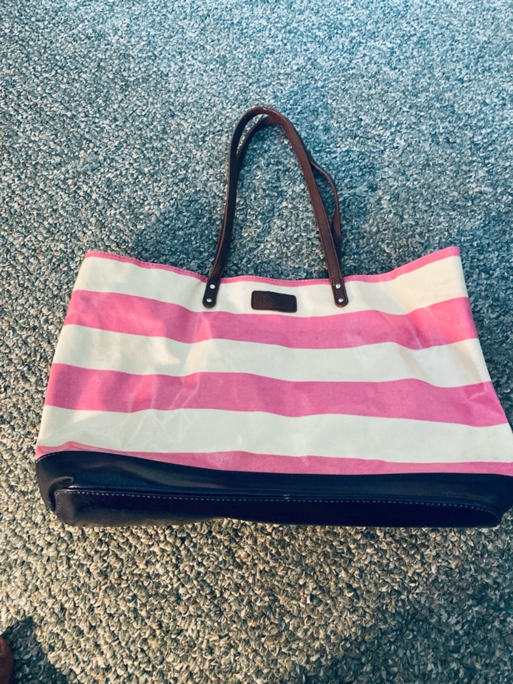 Izod Pink and White Striped vinyl Tote with Brown straps
